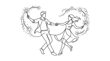 Obraz premium Minimalist Continuous One Line Drawing of a Romantic Couple Dancing Together While Holding Sparklers. Elegant Silhouette of Man and Woman Celebrating a Wedding, Anniversary, or New Year Party.