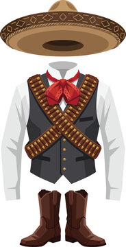 Traditional Mexican Revolution Outfit Flat Vector Illustration, Detailed Revolutionary Charro Costume with Sombrero and Bandoliers Icon Isolated