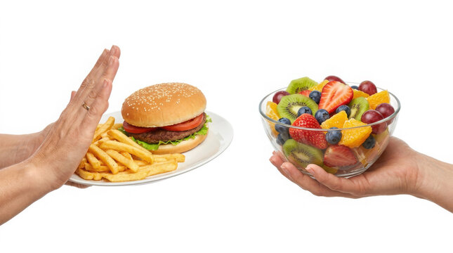 Diet choice concept hand making stop gesture to fast food burger and fries and generated using ai