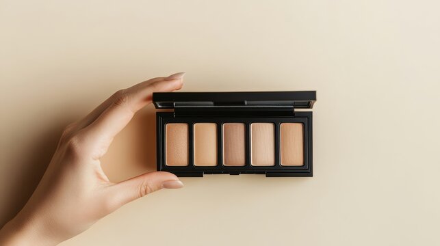 Hand holding elegant neutral eyeshadow palette with earth tones for professional makeup kit on beige background surface