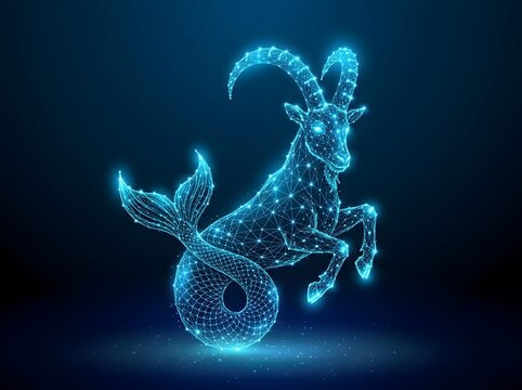 Glowing blue wireframe capricorn zodiac sign symbol on dark background