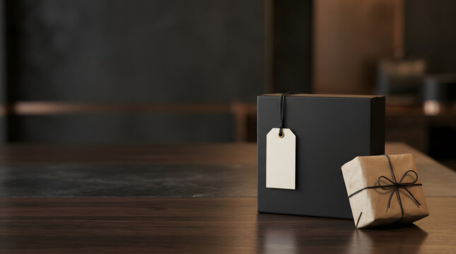 Black gift box and small parcel with blank tag on wooden table