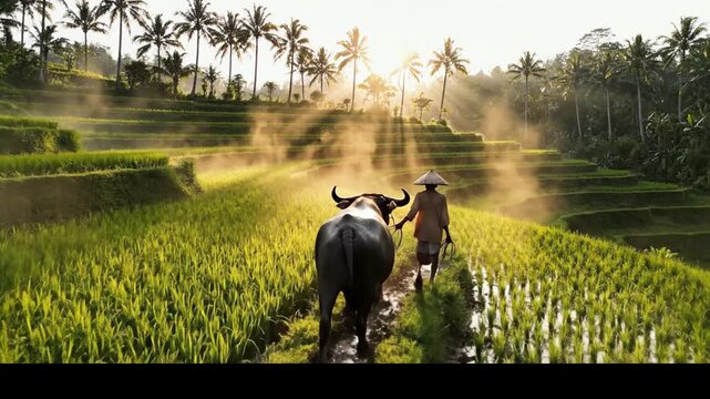 Farmer with water buffalo in morning sunlit rice terraces