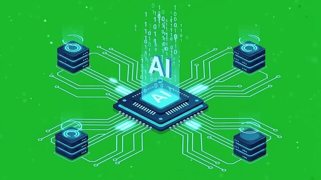 Artificial intelligence microprocessor chip animation featuring glowing data servers and binary code video footage