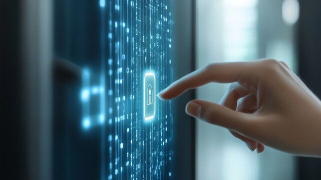Close up hand interaction with digital security interface technology for cyber protection data system