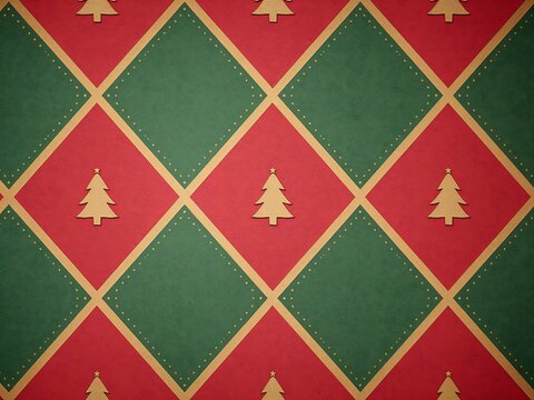 Seamless christmas pattern with red and green diamond shapes and golden christmas trees