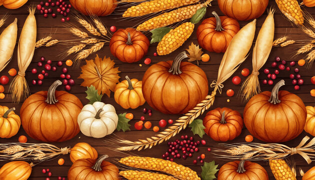 Cornucopia pumpkins wheat Thanksgiving harvest pattern
