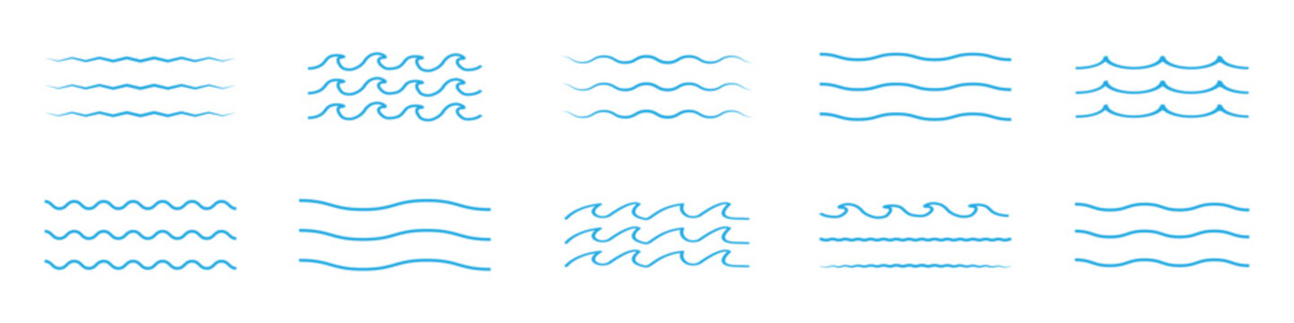Set of line water waves icon. Blue sea waves vector illustration flat simple lines. Water logo, line ocean symbol in vector flat style. Ocean, sea waves symbols set. Wave line and wavy zigzag lines.