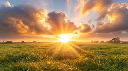 Obraz premium Golden Sunrise over Green Meadow with Bright Sunbeams and Clouds