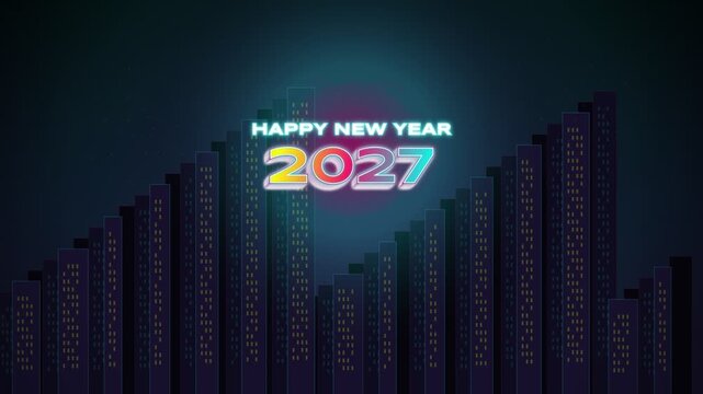 Happy New Year 2027 countdown timer with city skyscraper skyline background and neon typography.