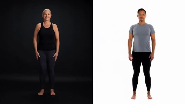Barefoot Woman and Man Stand and Smile Against Contrasting Split Studio Backgrounds