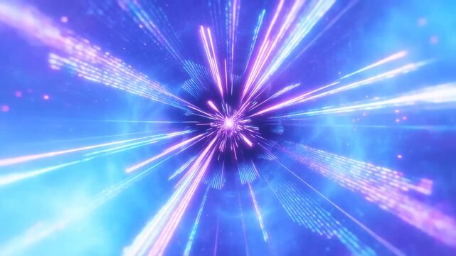 Colorful Neon Light Rays Radiating Through a Blue Digital Space Toward the Viewer