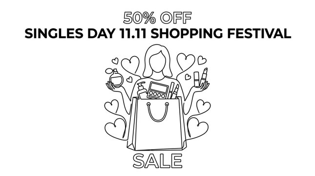 Singles Day 11.11 shopping festival sale banner with flat vector monochrome outline illustration of a woman with shopping bag full of cosmetics and makeup products, 50 percent off discount.