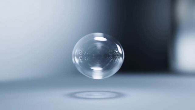 Transparent Glass Sphere Rotating and Rising Above a Reflective Surface in a Minimal Studio