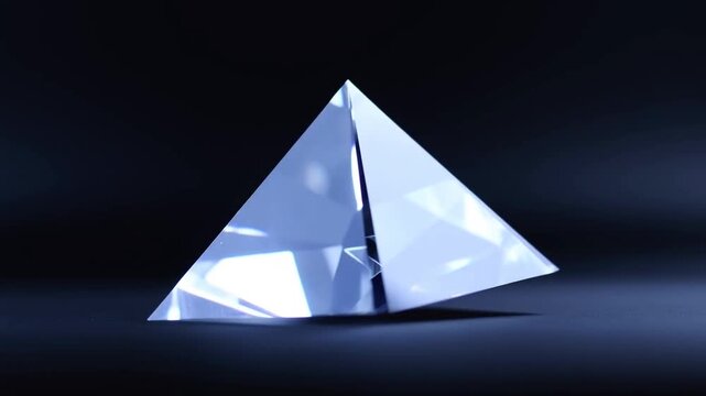 Faceted crystal pyramid rotates under blue light on a dark reflective surface