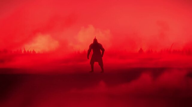 Armored warrior rises from a crouch in a red misty battlefield with distant figures