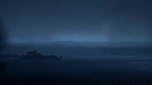 Silhouetted Soldiers Running With Rifles Through a Dark Misty Shoreline