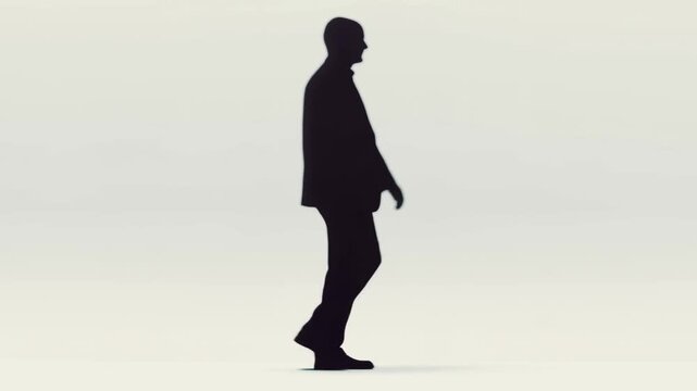 Male Silhouette Walking Steadily Across a Minimalist Light Studio Background in Profile