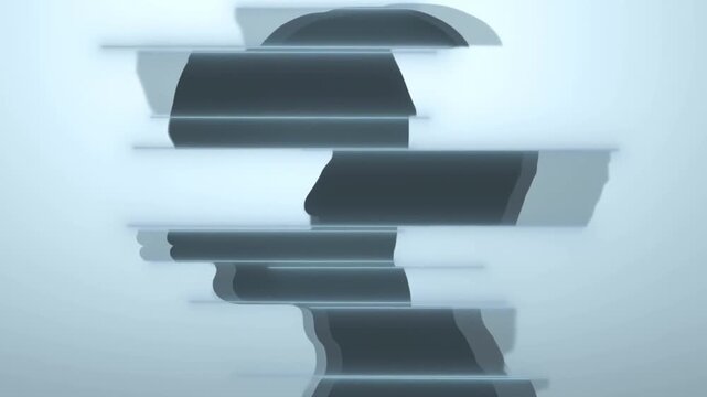 Human Profile Silhouette Breaks into Horizontal Glitch Fragments Against Blue Background