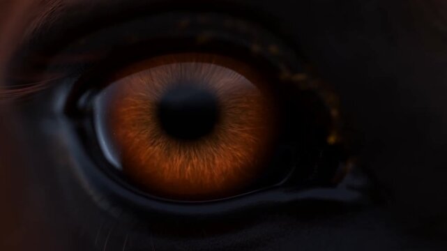 Brown animal eye opening in close detail with golden reflections against dark fur
