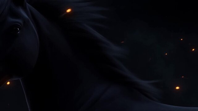 Dark horse moving through a shadowy atmosphere with flowing mane and glowing embers