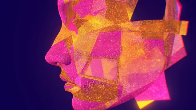 Abstract Neon Human Profile Wrapped in Shifting Geometric Ribbons Against a Dark Background