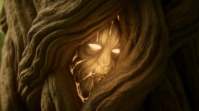 Wooden forest creature reveals a glowing face as twisted roots part in a shadowed woodland
