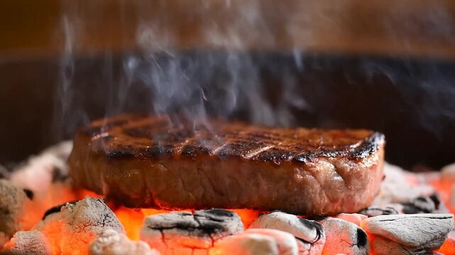 Thick steak grilling over glowing charcoal with smoke rising from the outdoor fire