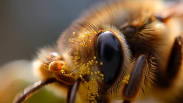 Bumblebee Foraging Among Pollen on a Flower in Warm Natural Light