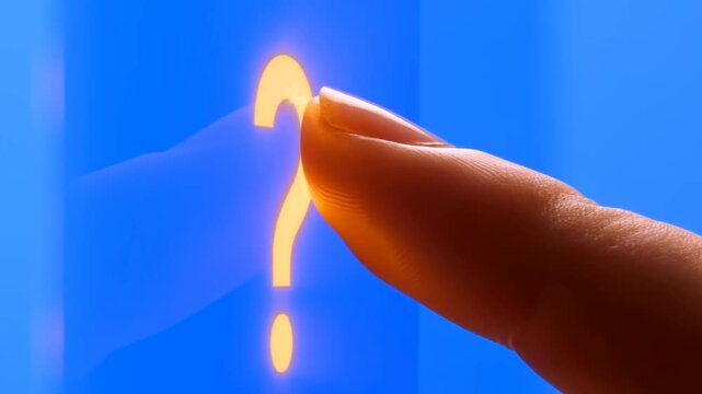 Finger Touches Glowing Interface Symbol on Blue Digital Screen as Icon Changes Color