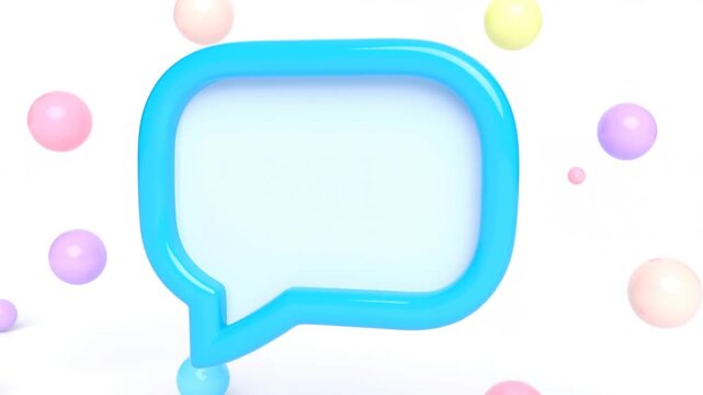 Blue speech bubble enlarges among colorful spheres on a bright white background