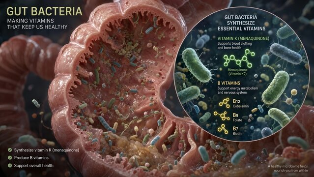 Colon model with zoomed inset illustrating beneficial gut bacteria synthesizing vitamin k menaquinone and various essential b vitamins in human large intestine medical education 3d graphic