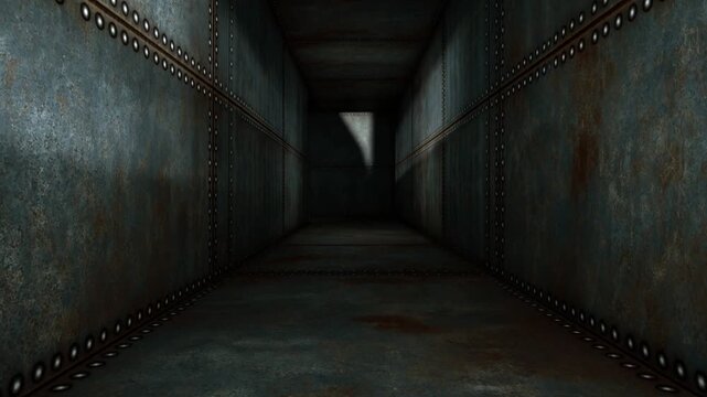Forward movement through a dark riveted metal tunnel toward a faint light