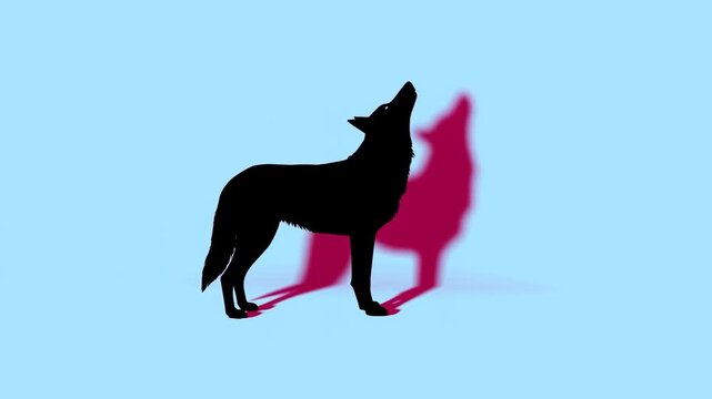 Wolf silhouette raising its head beside a red shadow against a bright blue background