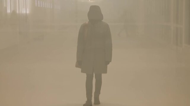 Person Walking Through a Hazy Indoor Corridor Toward the Viewer