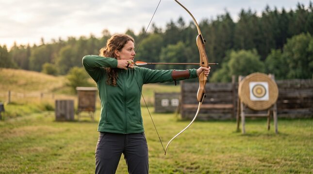 Female archer aiming recurve bow at outdoor target, woman practicing archery in forest range, active sport lifestyle concept