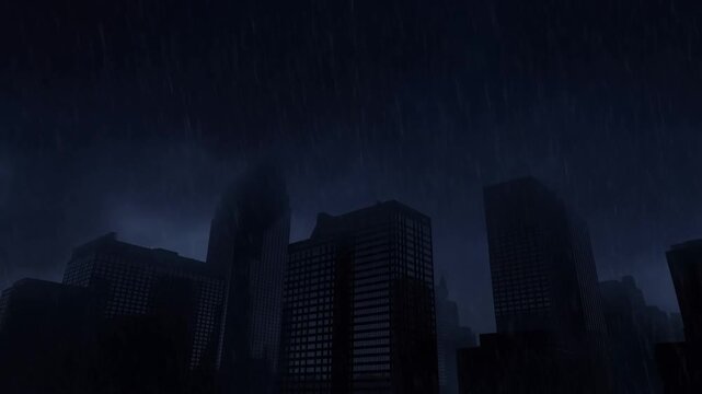 Lightning Illuminates a Rainy Downtown Skyline Beneath Dark Storm Clouds at Night