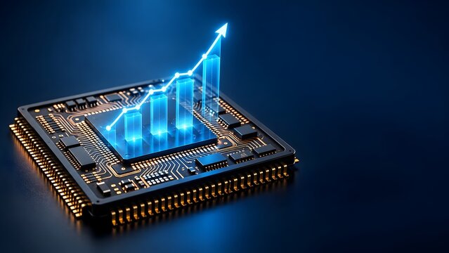 Microprocessor chip with golden pins and a glowing blue 3D bar chart with an upward arrow symbolizing hardware performance and tech stock growth