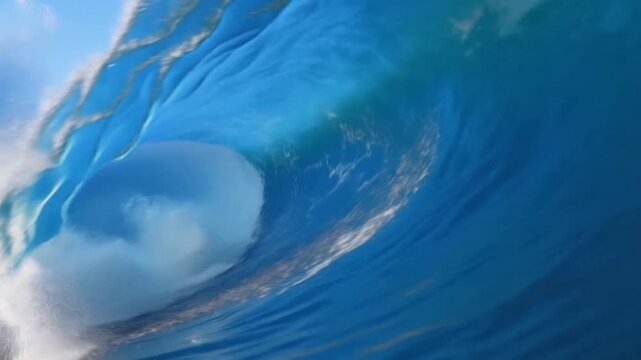 Massive ocean wave curls and breaks in bright blue water beneath a clear coastal sky