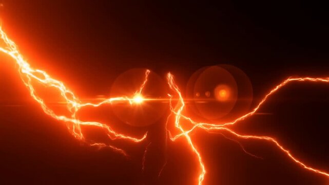 Orange electric lightning arcs converge around a glowing center against a dark abstract background