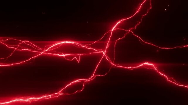 Glowing Red Electric Arcs Twist Across a Dark Abstract Background with Scattered Sparks