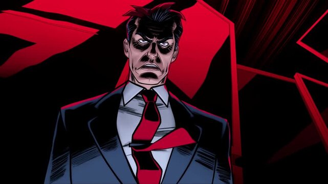 Stern Suited Man Stands as Red Tie Flutters Against an Abstract Red and Black Background