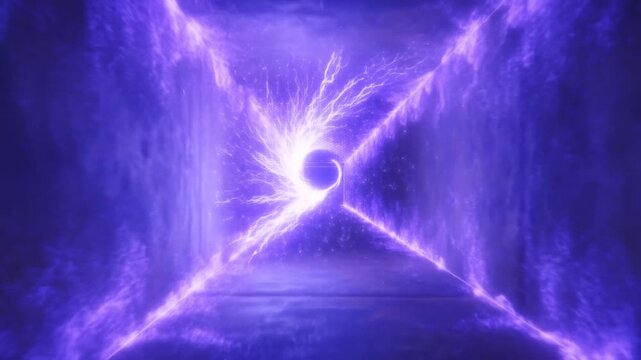 Glowing Purple Energy Tunnel Drawing Toward a Dark Sphere in an Abstract Space