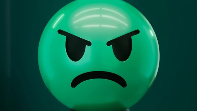 Green Angry Emoji Ball Displayed in Close-Up Against a Dark Background