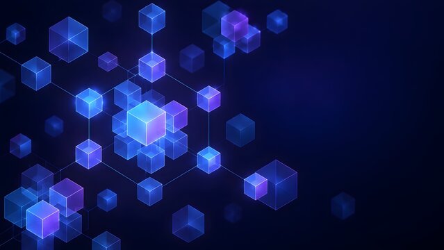Cluster of glowing violet and blue isometric cubes interconnected in a geometric grid representing distributed ledger and quantum computing