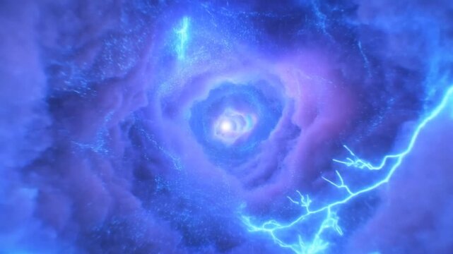 Glowing blue and purple vortex swirling with lightning through a luminous abstract energy field