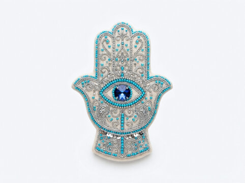 Ornamental hamsa hand amulet with turquoise and pearl beading, evil eye symbol, spiritual protection charm
