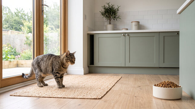 Tabby cat walking in a modern kitchen with a bowl of food  