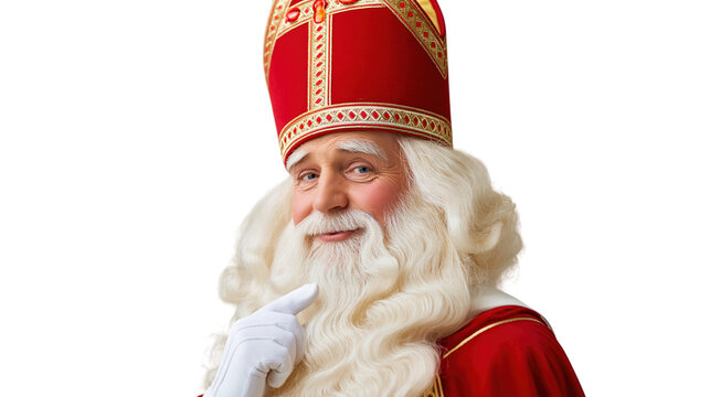 Smiling Sinterklaas with red mitre and white glove thinking isolated on transparent background PNG element
