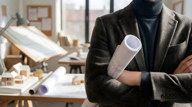 アトリエで図面を抱えて腕組みをして立つジャケット姿の人物の上半身